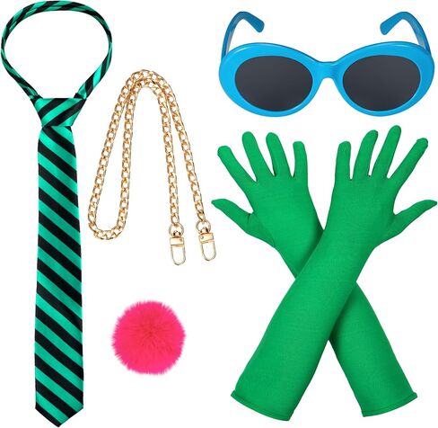 5 Pack Halloween Costume Accessories Adult Stripe Tie Sunglasses Green Gloves Pom Pom Brooch Chain Women Cosplay Party in Saudi Arabia
