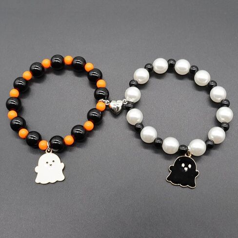 ONLYJUMP 2Pcs Halloween Ghost Heart Bead Bracelet Set for Women Men Cute Love Heart Couple Matching Bracelet Adjustable Lover Friend Friendship Jewelry Gift in Saudi Arabia