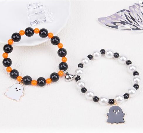 ONLYJUMP 2Pcs Halloween Ghost Heart Bead Bracelet Set for Women Men Cute Love Heart Couple Matching Bracelet Adjustable Lover Friend Friendship Jewelry Gift in Saudi Arabia