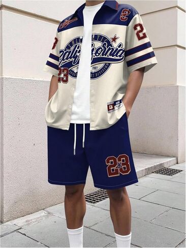 Men's 2 Piece Short Set Short Sleeve Button Up Shirt and Angel Graphic Shorts Tracksuits in Saudi Arabia