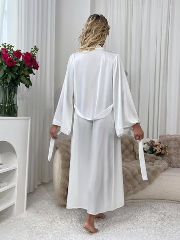 Long Robes for Women Satin White Robe Soft Lightweight Bathrobe, Elegant Sleepwear for Bride & Everyday Lounge in Saudi Arabia