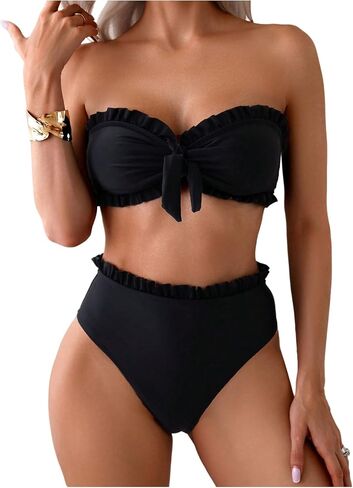 SweatyRocks Women's 2 Piece Bandeau Bikini Set High Waist Strapless Knot Front Swimsuit Ruffle Trim Bathing Suits in Saudi Arabia