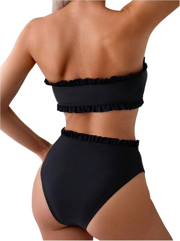 SweatyRocks Women's 2 Piece Bandeau Bikini Set High Waist Strapless Knot Front Swimsuit Ruffle Trim Bathing Suits in Saudi Arabia