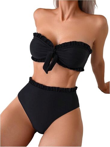 SweatyRocks Women's 2 Piece Bandeau Bikini Set High Waist Strapless Knot Front Swimsuit Ruffle Trim Bathing Suits in Saudi Arabia