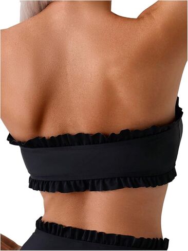 SweatyRocks Women's 2 Piece Bandeau Bikini Set High Waist Strapless Knot Front Swimsuit Ruffle Trim Bathing Suits in Saudi Arabia