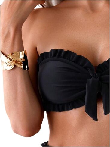 SweatyRocks Women's 2 Piece Bandeau Bikini Set High Waist Strapless Knot Front Swimsuit Ruffle Trim Bathing Suits in Saudi Arabia
