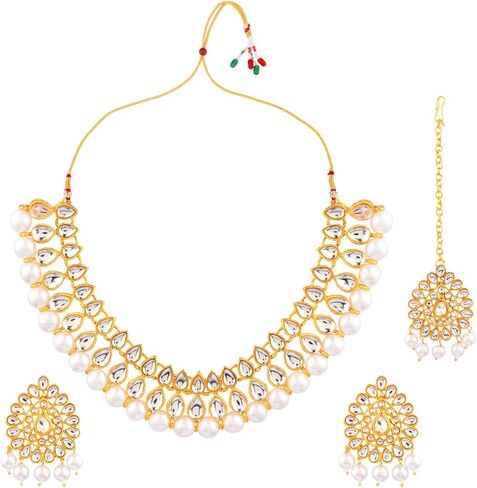 Efulgenz Kundan Necklace Indian Jewelry Kundan Crystal Faux Pearl Necklace Set Bollywood Wedding Choker Necklace Earrings Maang Tikka Bridal Set for Women in Saudi Arabia