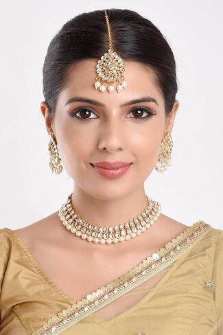 Efulgenz Kundan Necklace Indian Jewelry Kundan Crystal Faux Pearl Necklace Set Bollywood Wedding Choker Necklace Earrings Maang Tikka Bridal Set for Women in Saudi Arabia