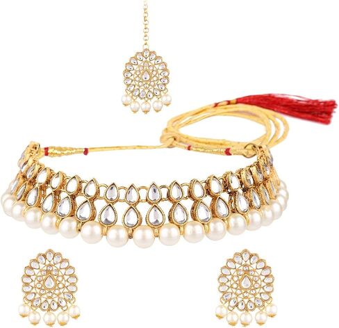 Efulgenz Kundan Necklace Indian Jewelry Kundan Crystal Faux Pearl Necklace Set Bollywood Wedding Choker Necklace Earrings Maang Tikka Bridal Set for Women in Saudi Arabia
