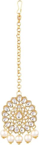 Efulgenz Kundan Necklace Indian Jewelry Kundan Crystal Faux Pearl Necklace Set Bollywood Wedding Choker Necklace Earrings Maang Tikka Bridal Set for Women in Saudi Arabia