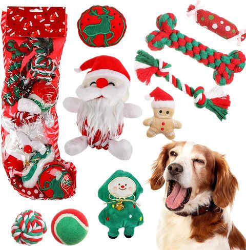 10 Pieces Christmas Dog Toys Gifts Dog Christmas Stocking with Assorted Toys for Puppy Chew Rope Toys for Teething for Small and Medium Dogs in Kuwait