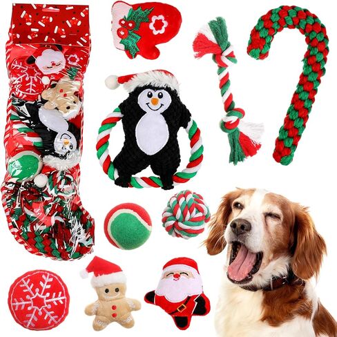 10 Pieces Christmas Dog Toys Gifts Dog Christmas Stocking with Assorted Toys for Puppy Chew Rope Toys for Teething for Small and Medium Dogs in Kuwait