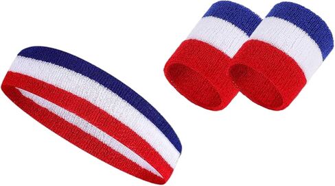 مجموعة عصابة رأس مخططة، 2 سوار معصم و1 عصابة رأس، أربطة رياضية ماصة للرطوبة للرياضة، للرجال والنساء، أربطة رياضية لكرة السلة، التنس، التمرينات in Kuwait