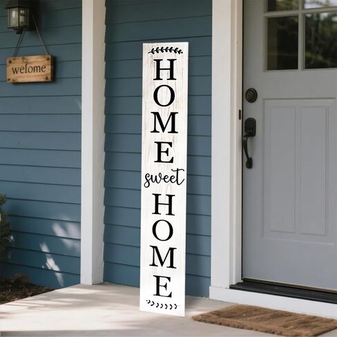 علامة الشرفة الخشبية من Home Sweet Home، ديكورات معلقة رأسية، علامة ترحيب، علامة زخرفية للباب الأمامي، مقاس 47 × 7.8 بوصة، لتزيين الفناء الخارجي (خشب أبيض) in Kuwait