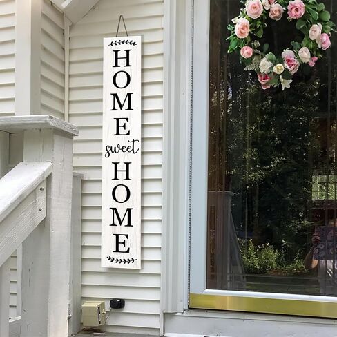 علامة الشرفة الخشبية من Home Sweet Home، ديكورات معلقة رأسية، علامة ترحيب، علامة زخرفية للباب الأمامي، مقاس 47 × 7.8 بوصة، لتزيين الفناء الخارجي (خشب أبيض) in Kuwait