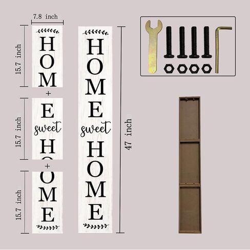 علامة الشرفة الخشبية من Home Sweet Home، ديكورات معلقة رأسية، علامة ترحيب، علامة زخرفية للباب الأمامي، مقاس 47 × 7.8 بوصة، لتزيين الفناء الخارجي (خشب أبيض) in Kuwait