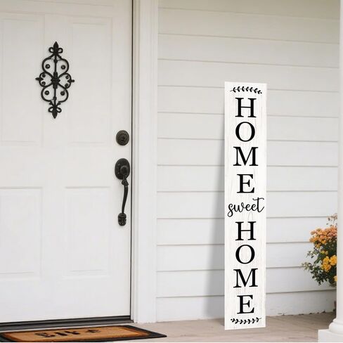 علامة الشرفة الخشبية من Home Sweet Home، ديكورات معلقة رأسية، علامة ترحيب، علامة زخرفية للباب الأمامي، مقاس 47 × 7.8 بوصة، لتزيين الفناء الخارجي (خشب أبيض) in Kuwait
