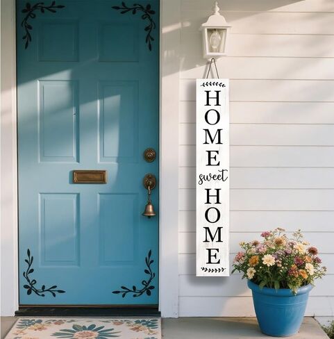 علامة الشرفة الخشبية من Home Sweet Home، ديكورات معلقة رأسية، علامة ترحيب، علامة زخرفية للباب الأمامي، مقاس 47 × 7.8 بوصة، لتزيين الفناء الخارجي (خشب أبيض) in Kuwait