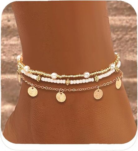 Nanafast Beaded Boho Anklets for Women, Beachy Shell Anklets for Women, Puka Shell & Starfish Charms Beach Jewelry Adjustable in Saudi Arabia