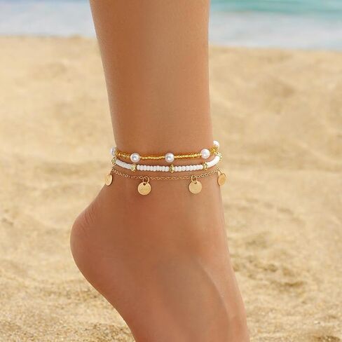 Nanafast Beaded Boho Anklets for Women, Beachy Shell Anklets for Women, Puka Shell & Starfish Charms Beach Jewelry Adjustable in Saudi Arabia