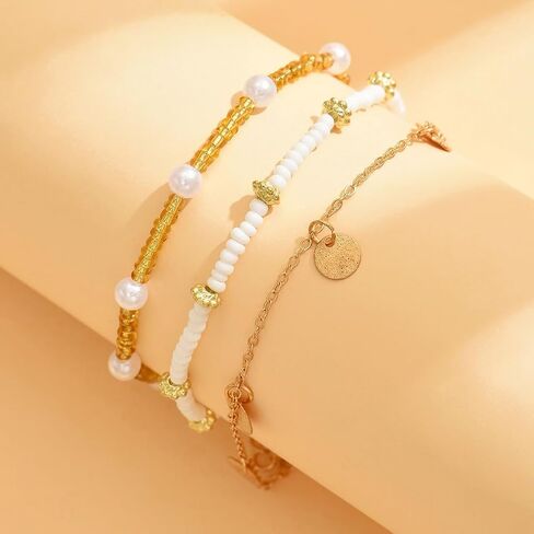 Nanafast Beaded Boho Anklets for Women, Beachy Shell Anklets for Women, Puka Shell & Starfish Charms Beach Jewelry Adjustable in Saudi Arabia