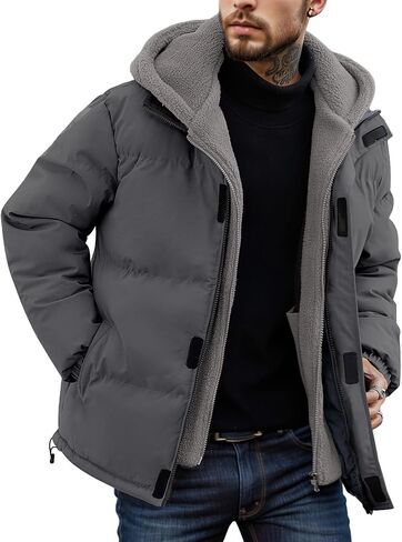 Men's Hooded Winter Puffer Jacket, Windproof Thermal Coat with Easy Hook-and-Loop Closure in Saudi Arabia