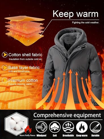 Men's Hooded Winter Puffer Jacket, Windproof Thermal Coat with Easy Hook-and-Loop Closure in Saudi Arabia
