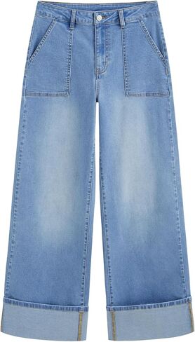 CIDER Cuffed Jeans for Women Wide Leg Jeans with Pockets Baggy Mid Waist Denim Pants Trendy Casual Outfits in Saudi Arabia
