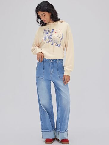 CIDER Cuffed Jeans for Women Wide Leg Jeans with Pockets Baggy Mid Waist Denim Pants Trendy Casual Outfits in Saudi Arabia
