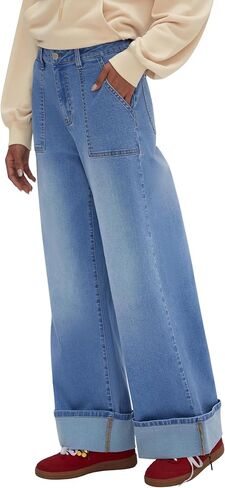 CIDER Cuffed Jeans for Women Wide Leg Jeans with Pockets Baggy Mid Waist Denim Pants Trendy Casual Outfits in Saudi Arabia