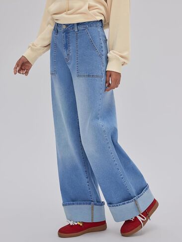CIDER Cuffed Jeans for Women Wide Leg Jeans with Pockets Baggy Mid Waist Denim Pants Trendy Casual Outfits in Saudi Arabia