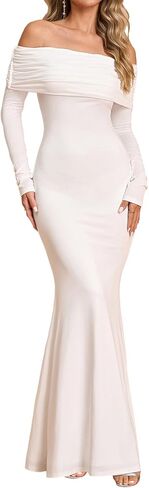 Women's Fall Off The Shoulder Maxi Dress Elegant Long Sleeve Bodycon Formal Wedding Guest Dresses in Kuwait