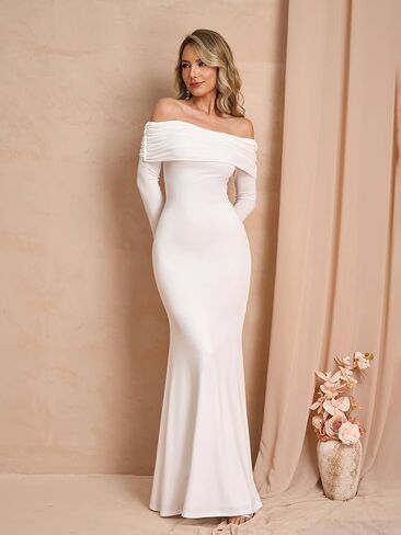 Women's Fall Off The Shoulder Maxi Dress Elegant Long Sleeve Bodycon Formal Wedding Guest Dresses in Kuwait