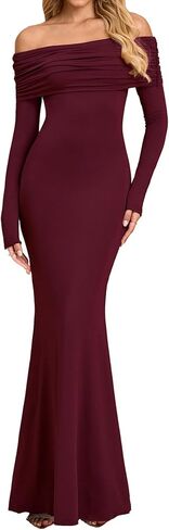 Women's Fall Off The Shoulder Maxi Dress Elegant Long Sleeve Bodycon Formal Wedding Guest Dresses in Kuwait
