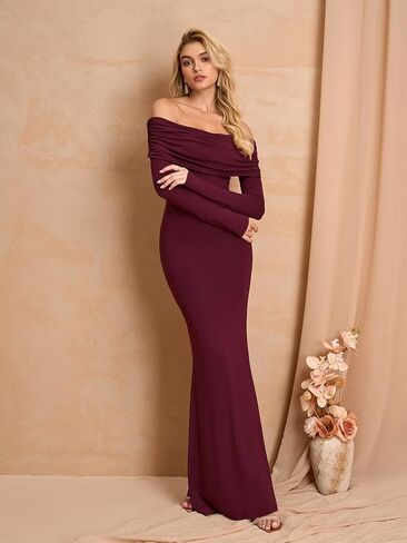 Women's Fall Off The Shoulder Maxi Dress Elegant Long Sleeve Bodycon Formal Wedding Guest Dresses in Kuwait