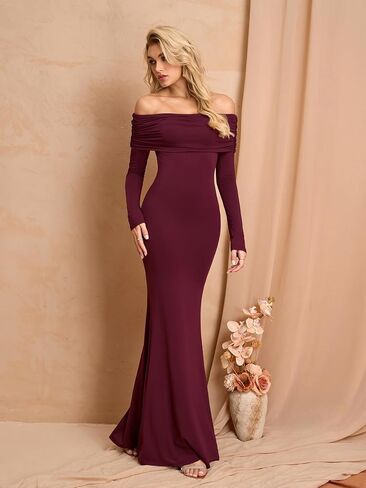 Women's Fall Off The Shoulder Maxi Dress Elegant Long Sleeve Bodycon Formal Wedding Guest Dresses in Kuwait