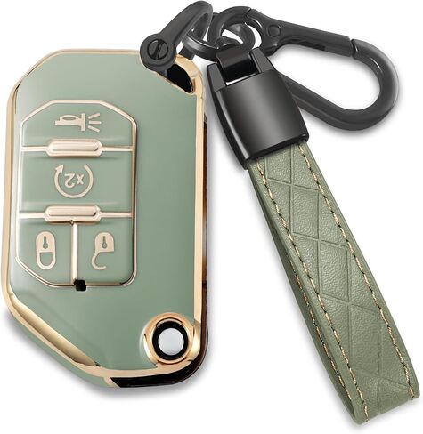 Compatible with Jeep Key Fob Cover,Leather Keychain Soft TPU Protection Key Case for 2018 2019 2020 2021 2022 2023 Jeep Wrangler Gladiator JL JLU Rubicon 4 Buttons Smart Key,A Green in Saudi Arabia