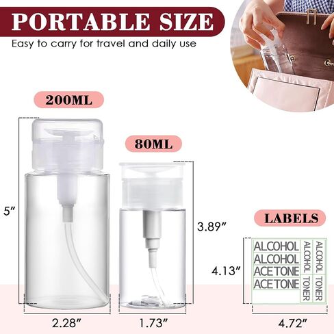 4 Pack Push Down Pump Dispenser 6.7oz/200ML & 80ML Empty Acetone Dispenser Push Top Alcohol Bottles Containers for Nail Polish Makeup Remover Water Facial Toner in Kuwait