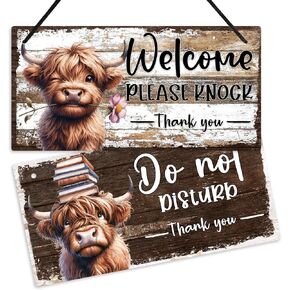 Putuo Decor Cute Highland Cow "Please Knock" و"Do Not Disturb" لافتة باب قابلة للعكس لتزيين باب PVC ريفي ممتع لغرف الأطفال والمكاتب والحضانات وغرفة النوم وغرفة الاجتماعات in Kuwait
