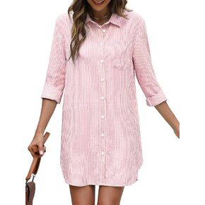 Women's Button Down Shirt Dress with Pockets Striped Long Sleeve Tunic Shirt Dress Collared Blouse Dresses in Saudi Arabia