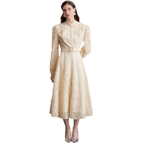 LAI MENG FIVE CATS Women's Elegant Lace Stand Collar Puff Sleeve Button Casual Midi Dress in Kuwait