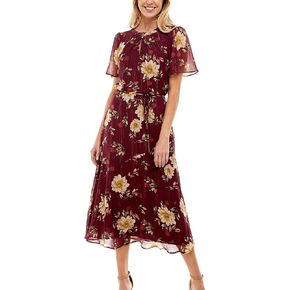 june & hudson Wine Chiffon Midi Dress with Floral Taupe Pattern, Short Flutter Sleeves, Burgundy A-Line Dress, Tie Neck in Saudi Arabia