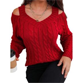 SHENHE Women's Cable Knit Sweater Casual Cold Shoulder V Neck Long Sleeve Knitted Pullover Tops in Kuwait