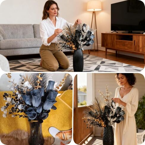 تشكيلة زهور اصطناعية من الذهب الأسود، وأوراق الورد والأوكالبتوس، قطعة زخرفية فاخرة، ديكور منزلي محايد حديث، قطعة مركزية أنيقة لطاولة الطعام، على الطراز الجمالي القوطي، ديكور الهالوين in Kuwait