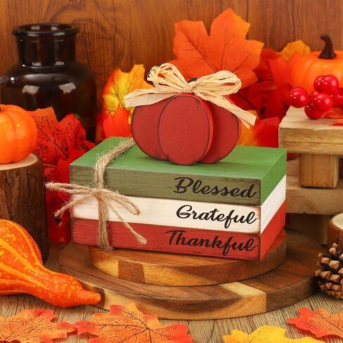 Fall Pumpkin Wood Book Stack Thanksgiving Wooden Tiered Tray Decor Rustic Pumpkin Block Sign Faux Stacked Book Table Centerpiece for Autumn Thanksgiving Farmhouse Kitchen Home Shelf Decoration in Saudi Arabia