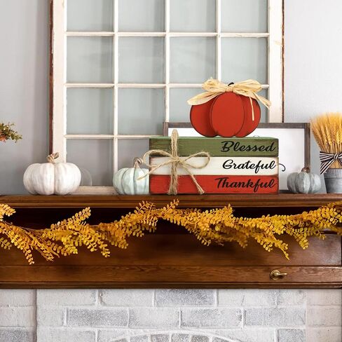 Fall Pumpkin Wood Book Stack Thanksgiving Wooden Tiered Tray Decor Rustic Pumpkin Block Sign Faux Stacked Book Table Centerpiece for Autumn Thanksgiving Farmhouse Kitchen Home Shelf Decoration in Saudi Arabia