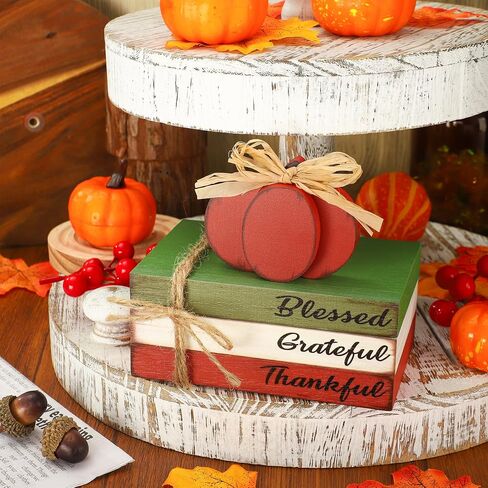 Fall Pumpkin Wood Book Stack Thanksgiving Wooden Tiered Tray Decor Rustic Pumpkin Block Sign Faux Stacked Book Table Centerpiece for Autumn Thanksgiving Farmhouse Kitchen Home Shelf Decoration in Saudi Arabia