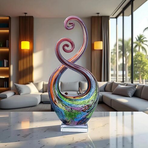 منحوتة فنية من الزجاج المنفوخ يدويًا مقاس 14 بوصة بتصميم سائل وقاعدة مربعة شفافة - ديكور للاستخدام الداخلي والخارجي مقاوم للعوامل الجوية - قطعة فنية زجاجية مجردة in Kuwait