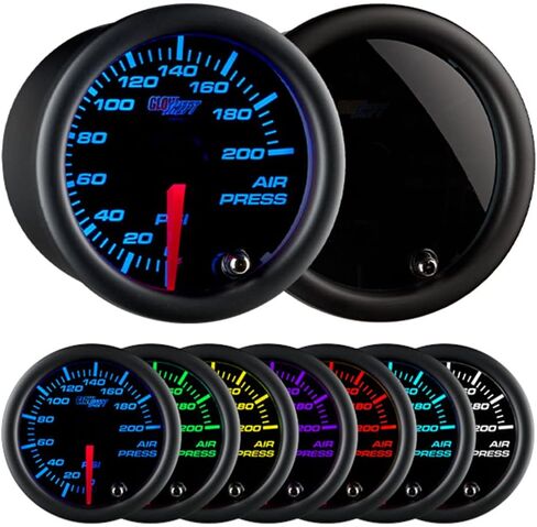 مقياس ضغط الهواء الميكانيكي GlowShift ملون 7 ألوان 200 رطل لكل بوصة مربعة - قرص أسود - عدسة مدخنة - لأنظمة تعليق الركوب الهوائي - 2-1/16 بوصة 52 مم in Saudi Arabia