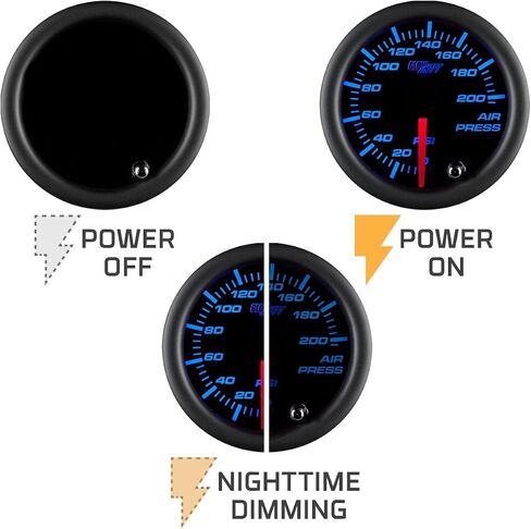 مقياس ضغط الهواء الميكانيكي GlowShift ملون 7 ألوان 200 رطل لكل بوصة مربعة - قرص أسود - عدسة مدخنة - لأنظمة تعليق الركوب الهوائي - 2-1/16 بوصة 52 مم in Saudi Arabia